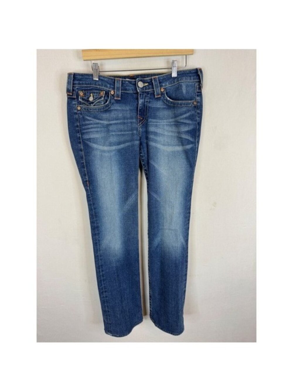 True Religion Straight Leg Jeans Blue Wash Low Rise Women 32X32  USA 10572